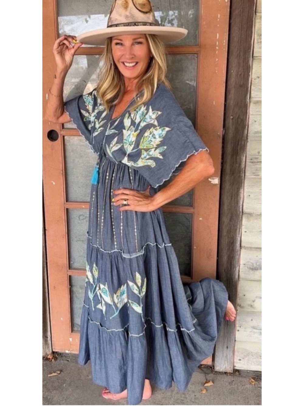 NEW Pol Free People Style Airy Denim Embroidered Patchwork Boho Dress M - Picture 4 of 6